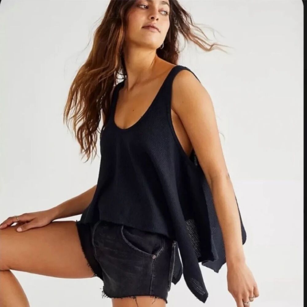 Free People Sing La La Tank Tunic Swing Handkerchief Top Black XS
